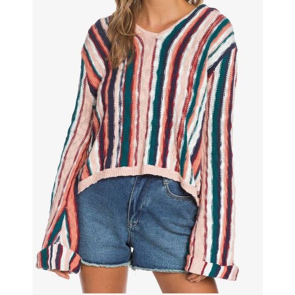 Roxy Sun Express Hooded Beachy Slouchy Striped Knit Sweater Size XS - Picture 1 of 11